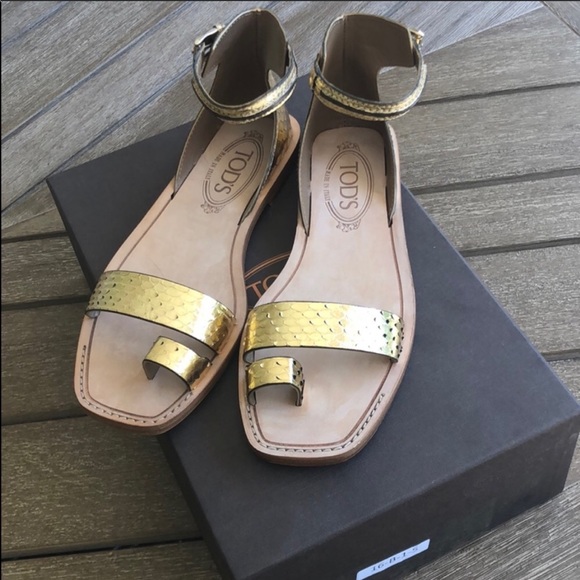 Tod's Snakeskin Ankle Strap Flat Sandals Gold 6.5 - Picture 6 of 8